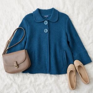 Splendor 100% Wool Teal Swing Coat Jacket Size Large Peter Pan Collar A-Line